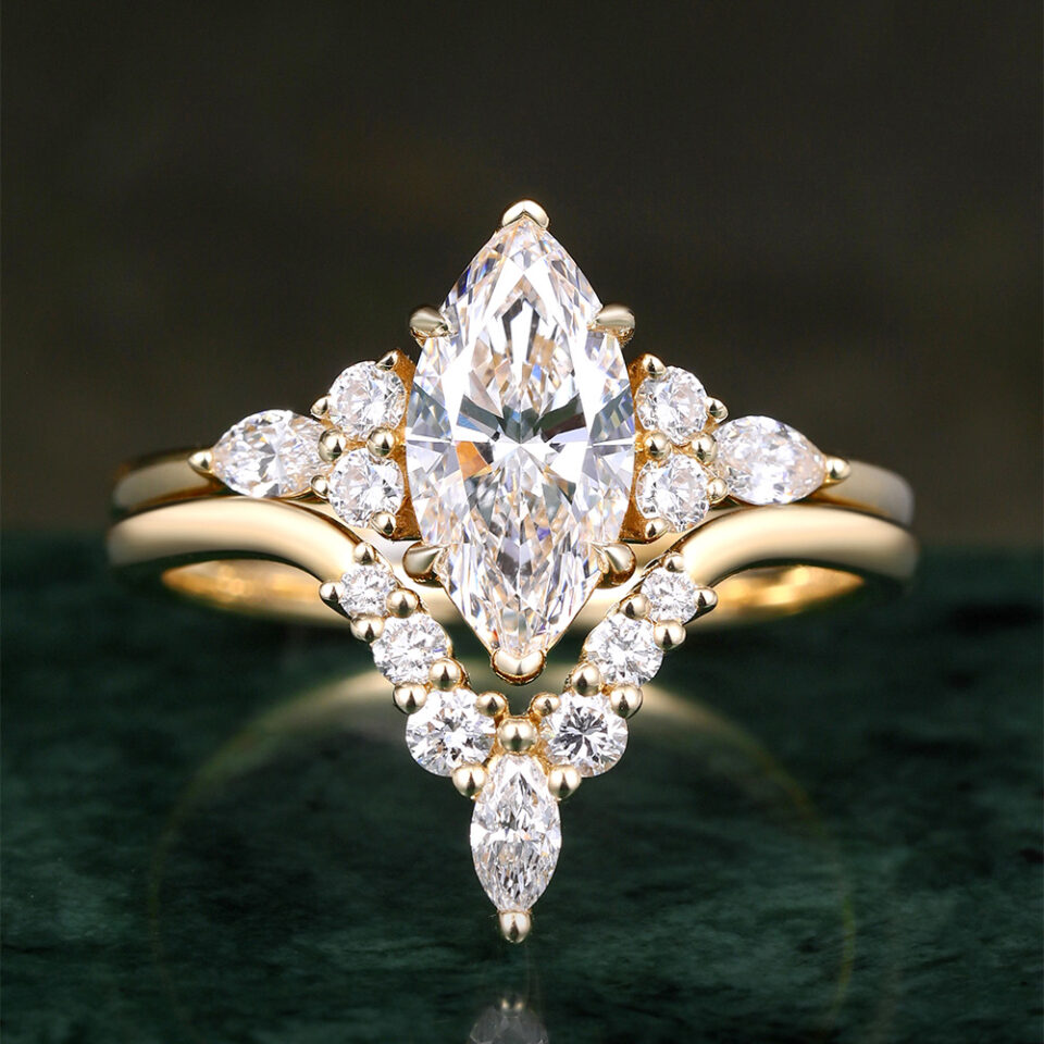 Unique 1CT Marquise Cut Lab Grown Diamond Engagement Ring Set