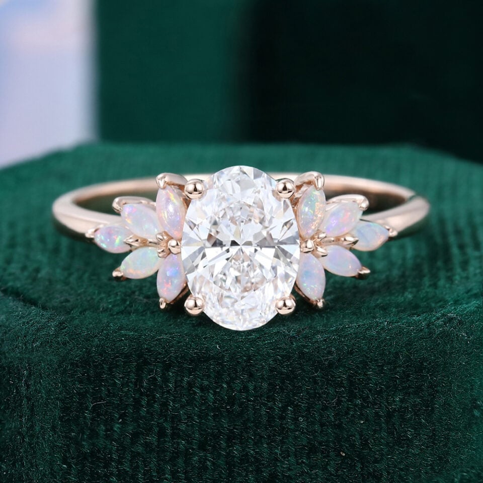 1.5CT Oval Cut Lab Diamond Engagement Ring with Opal Petal Cluster