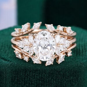 1.5CT Oval Cut Lab Diamond Petal Bridal Ring Set 2PCS Enhancer Set
