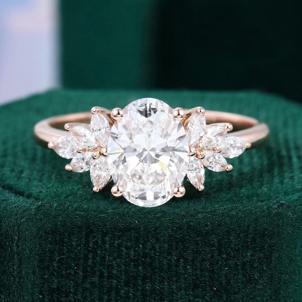 1.5CT Oval Cut Lab Diamond Petal Cluster Engagement Ring