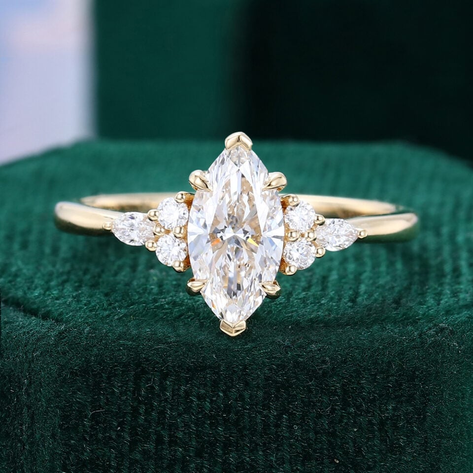 1CT Marquise Cut Lab Diamond Classic Side Stone Engagement Ring