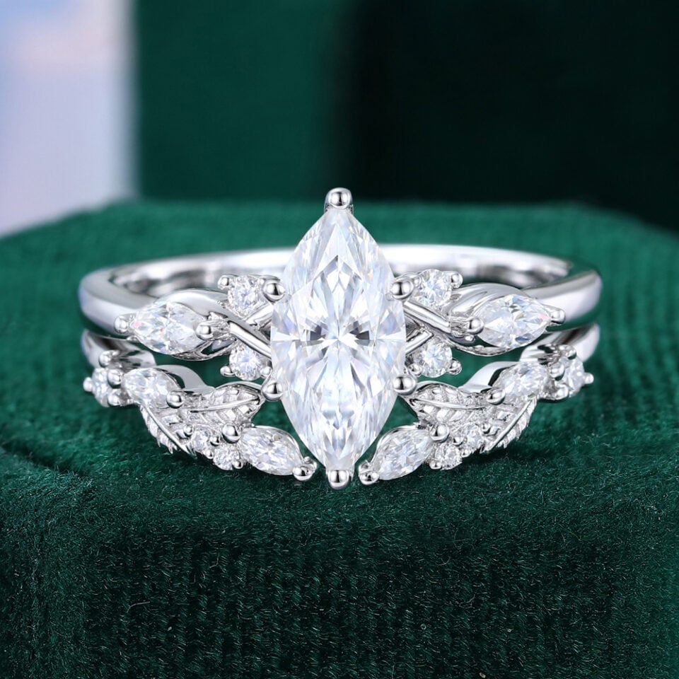 1CT Marquise Lab Diamond Engagement Ring Set Nature Inspired Bridal Ring Set