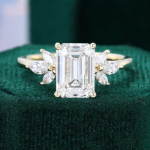 Emerald Cut Lab Diamond Engagement Ring Marquise Accented Bridal Ring