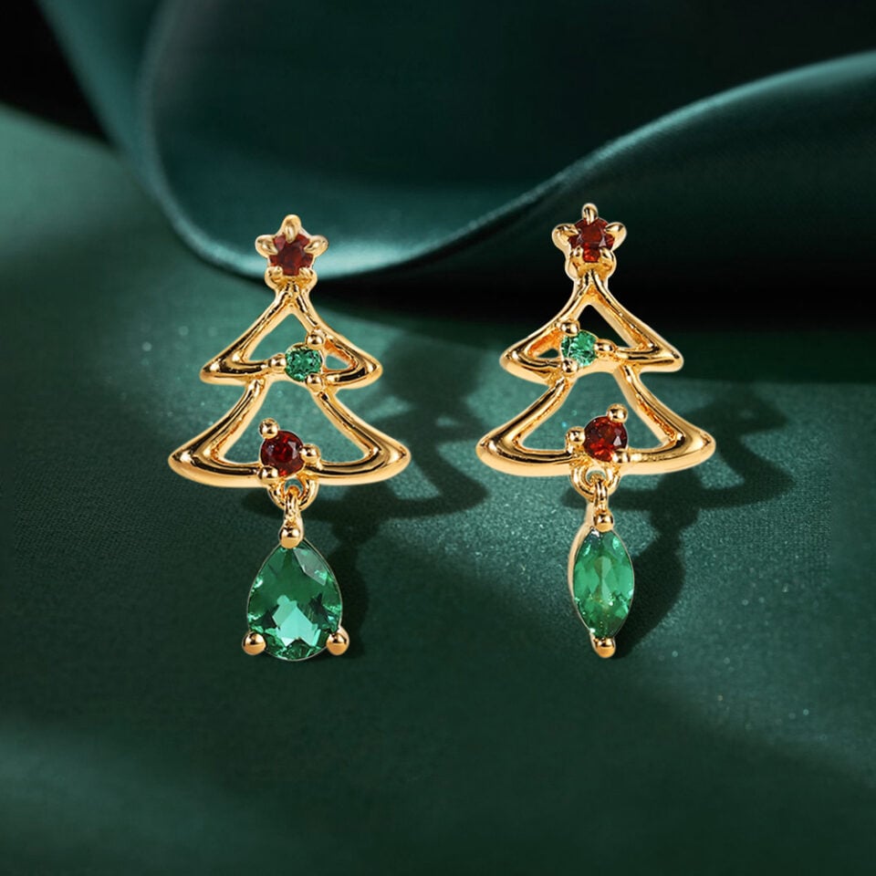 Emerald & Garnet Christmas Tree Stud Earrings