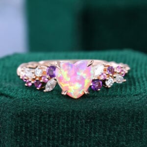 Heart Cut Lab Pink Opal Cluster Engagement Ring Heather Hues Inspired Promise Ring