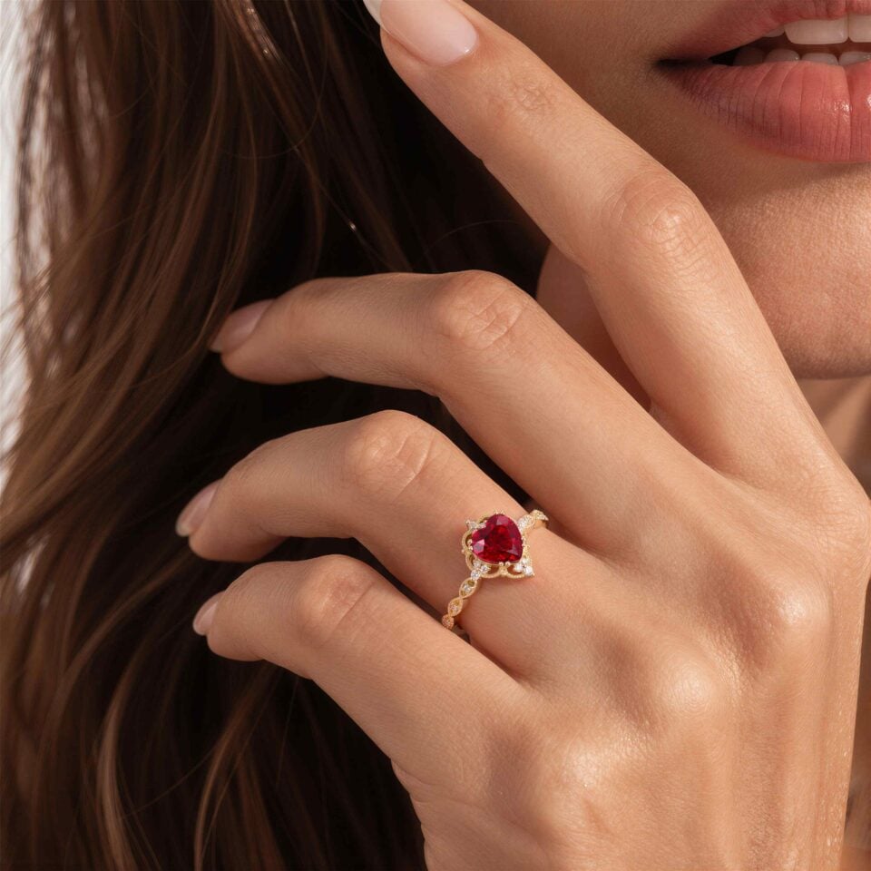 Heart Shaped Lab Ruby Milgrain Vintage Engagement Ring (2)