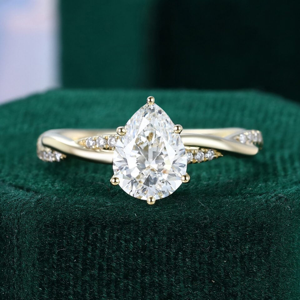 Pear Cut Lab Diamond Engagement Ring With Unique Twisted Pavé Band