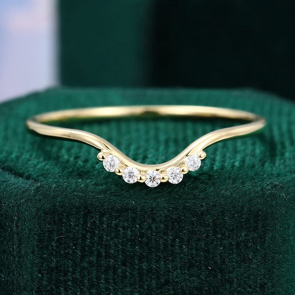 Yellow Gold Unique Diamond Dainty Curved Wedding Band