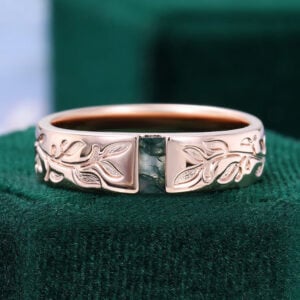 Baguette Cut Moss Agate Leaf-Etched Gender Neutral Wedding Band