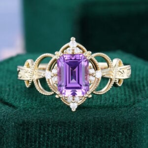 Emerald Cut Purple Sapphire Milgrain Filigree Halo Engagement Ring with Scroll Engraved Band