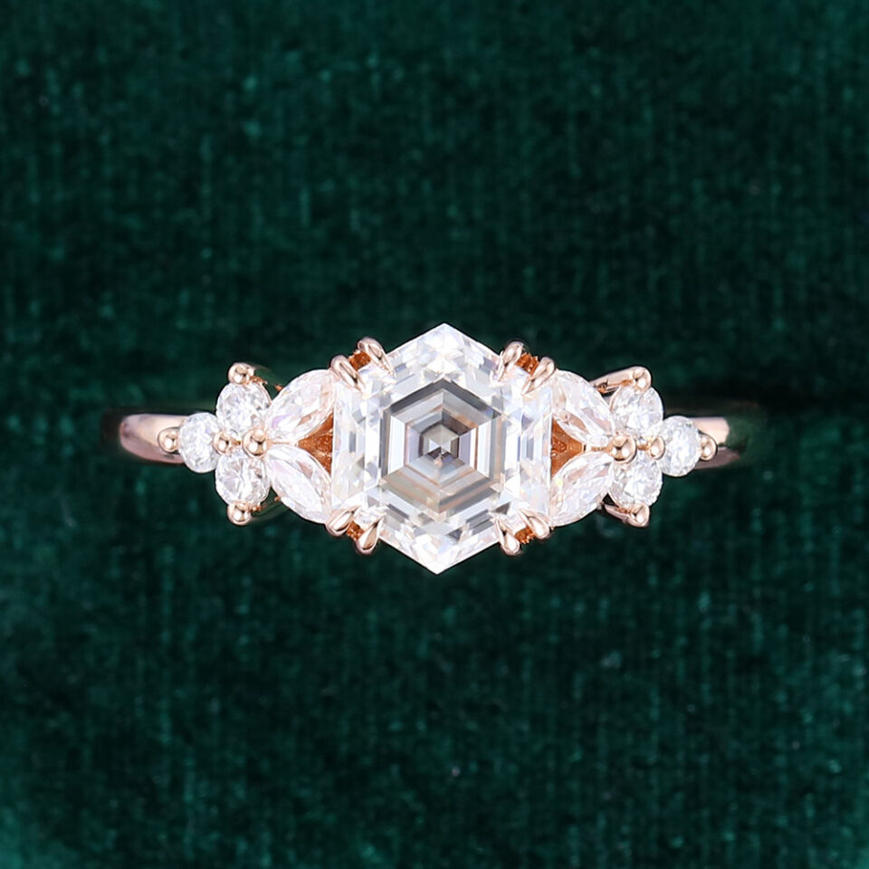 Hexagon Cut Moissanite Rose Gold Diamond Cluster Engagement Ring (3)