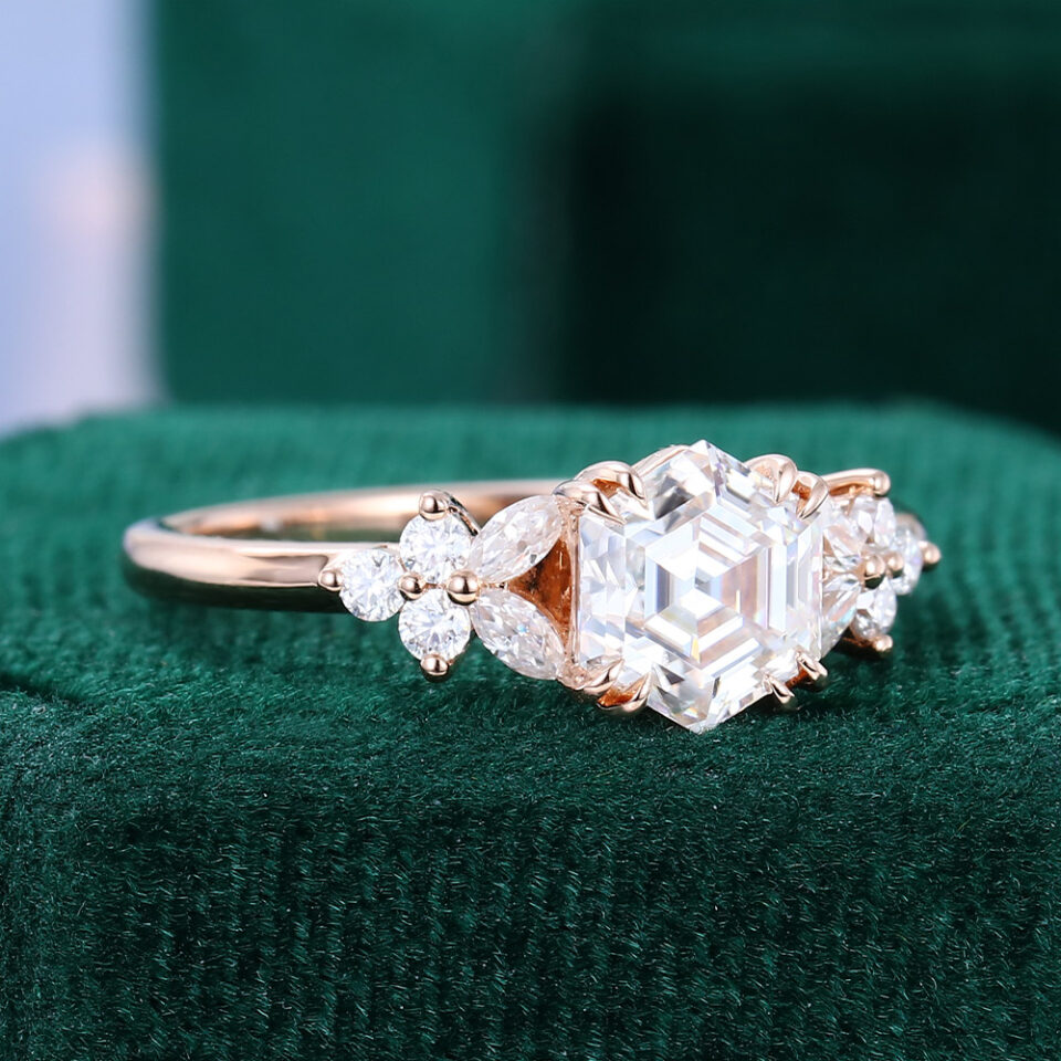 Hexagon Cut Moissanite Rose Gold Diamond Cluster Engagement Ring (4)