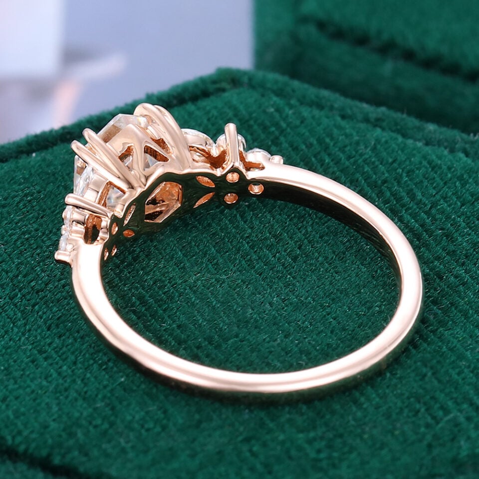 Hexagon Cut Moissanite Rose Gold Diamond Cluster Engagement Ring (6)