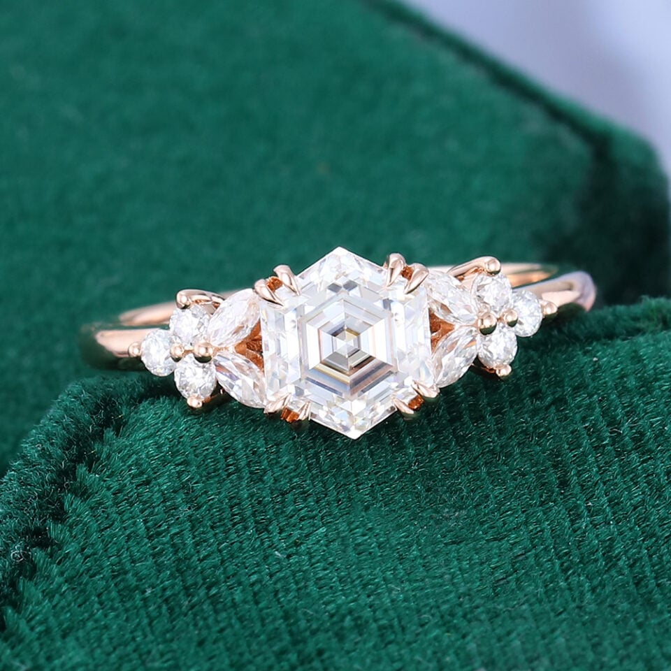 Hexagon Cut Moissanite Rose Gold Diamond Cluster Engagement Ring (7)