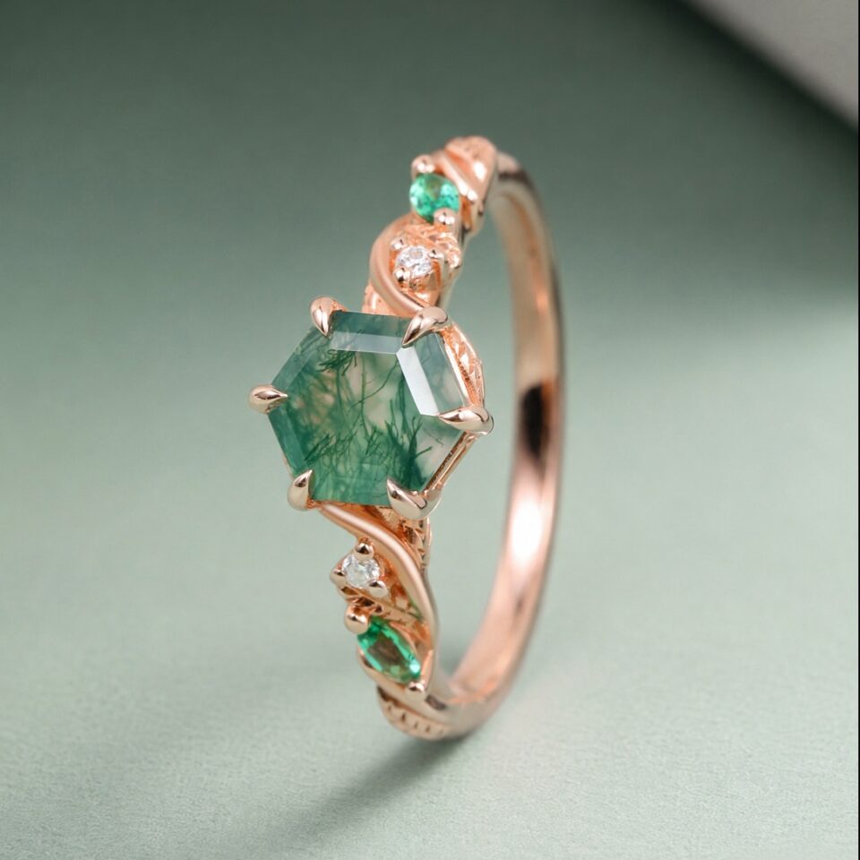Hexagon Cut Moss Agate Engagement Ring Nature Inspired Forest Ring (2)