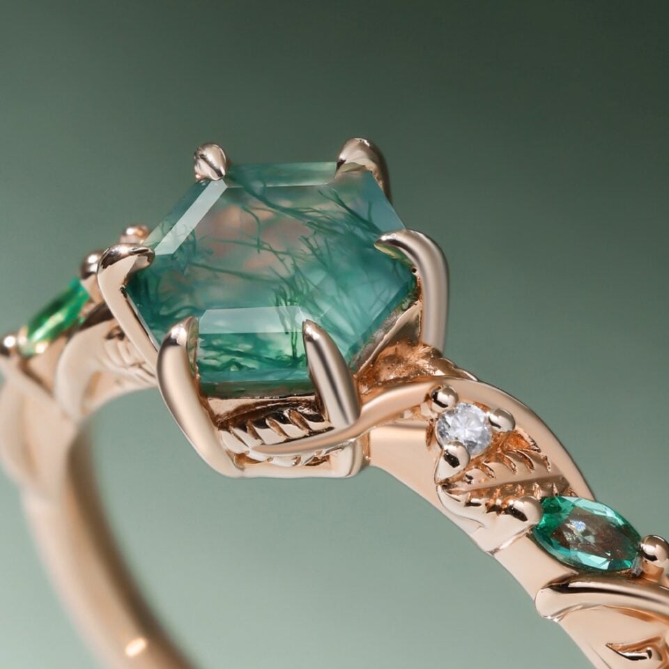 Hexagon cut moss agate engagement ring nature inspired forest ring