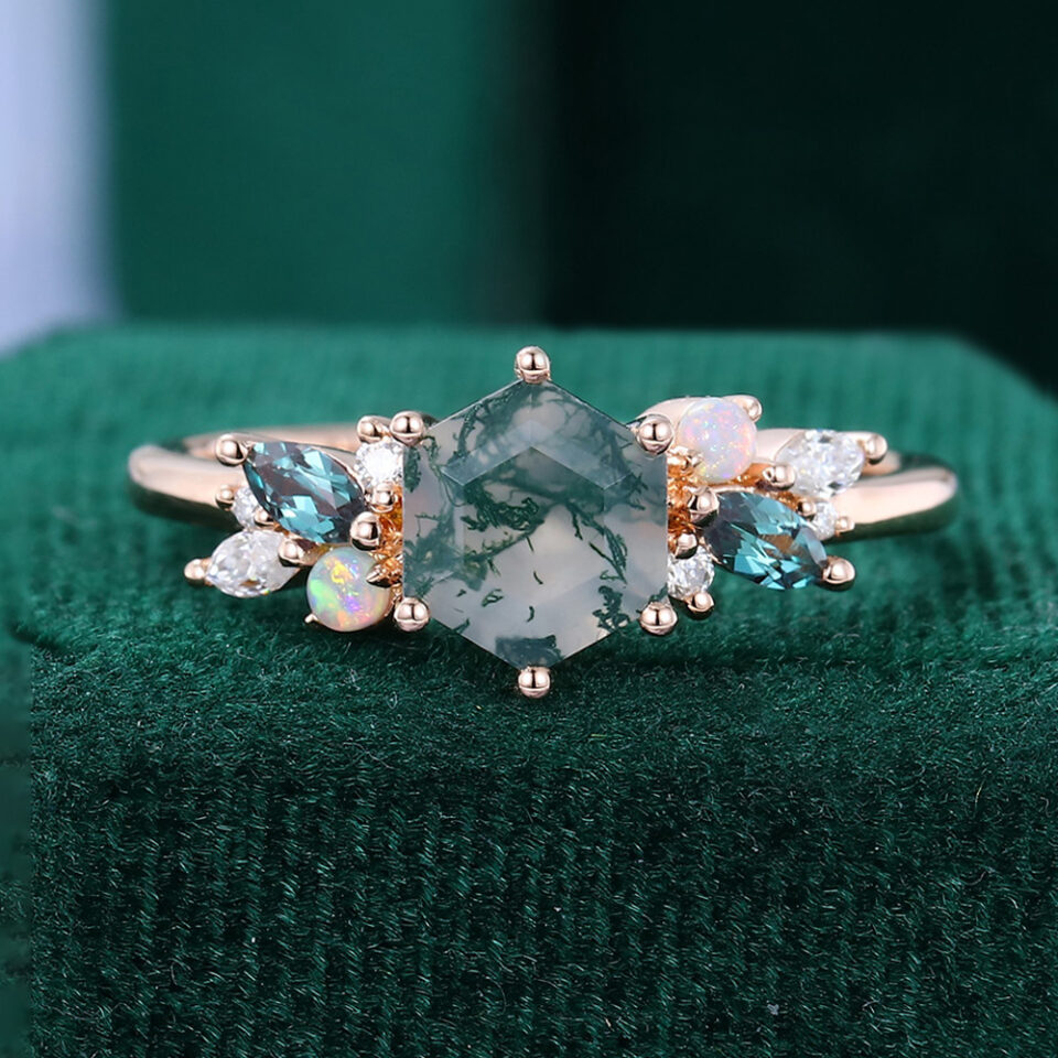 Hexagonal Moss Agate Promise Ring Mixed Gemstones Cluster Ring