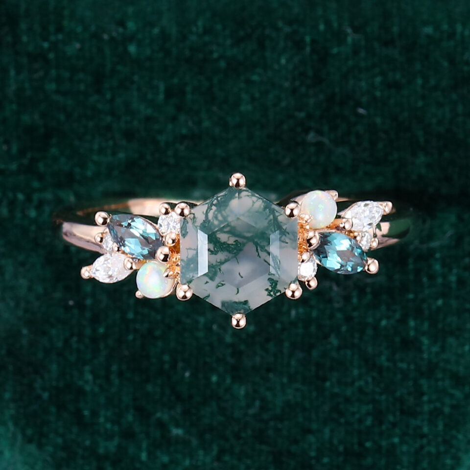 Hexagon Cut Moss Agate Promise Ring Trio Side Stones Engagement Ring (3)