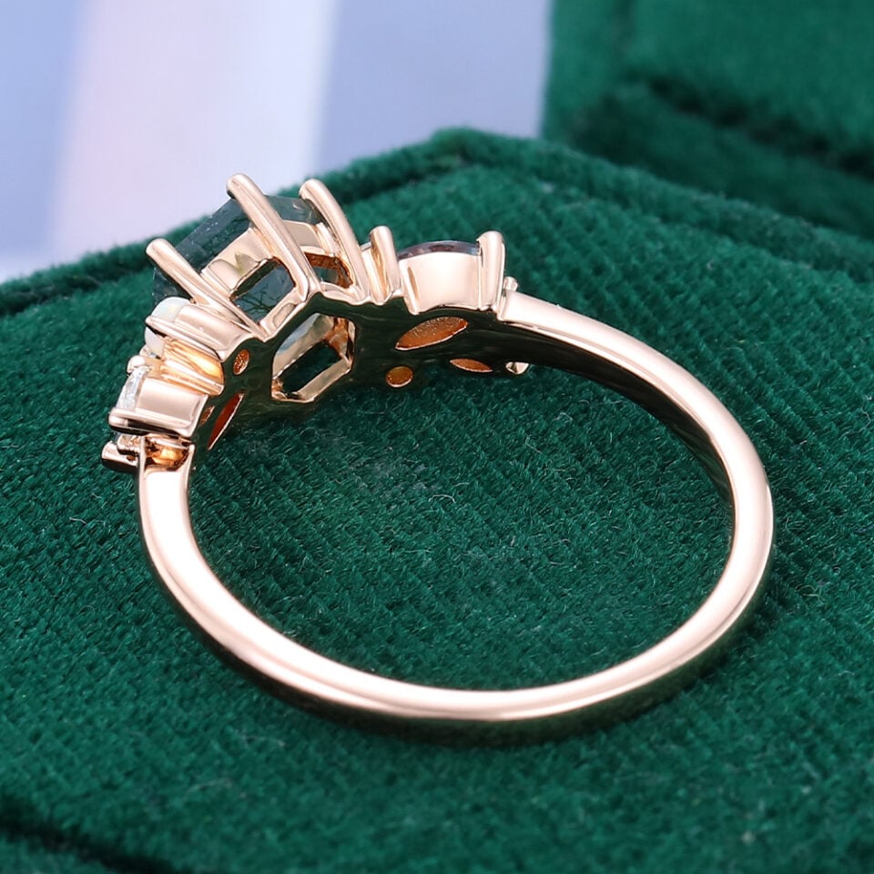 Hexagon Cut Moss Agate Promise Ring Trio Side Stones Engagement Ring (5)