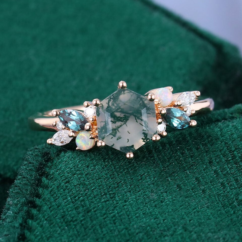 Hexagon Cut Moss Agate Promise Ring Trio Side Stones Engagement Ring (6)