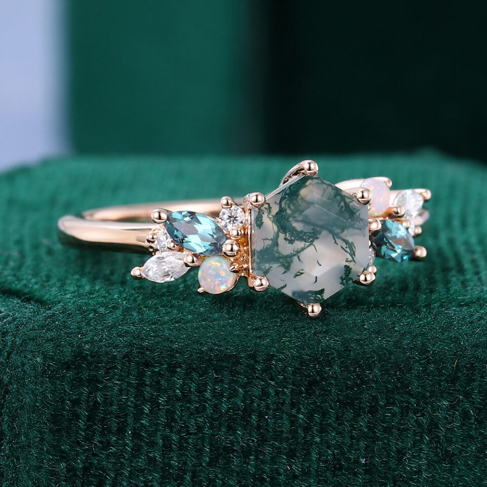Hexagon Cut Moss Agate Promise Ring Trio Side Stones Engagement Ring (7)