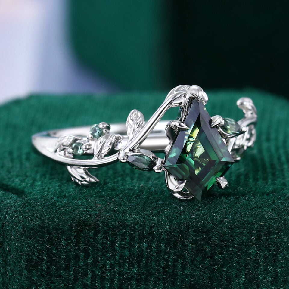 Kite Cut Green Sapphire Nature Inspired Engagement Ring (2)
