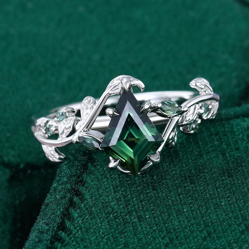 Kite Cut Green Sapphire Nature Inspired Engagement Ring (6)