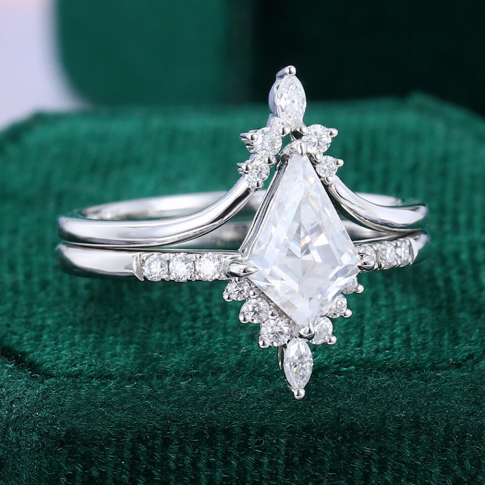 Kite Cut Moissanite Engagement Ring Set White Gold Bridal Ring Set (2)