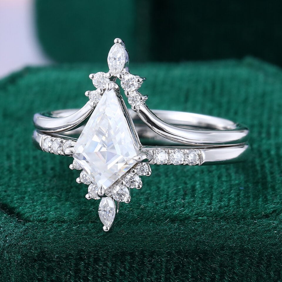 Kite Cut Moissanite Engagement Ring Set White Gold Bridal Ring Set (3)