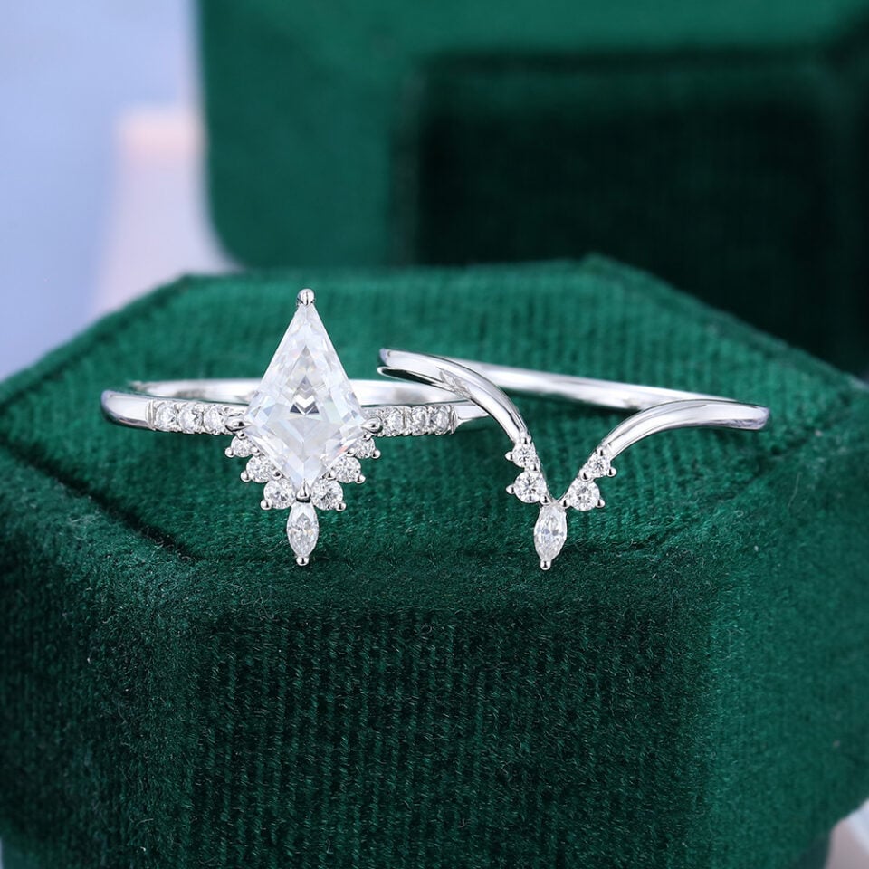 Kite Cut Moissanite Engagement Ring Set White Gold Bridal Ring Set (5)