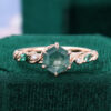 Hexagon Cut Moss Agate Engagement Ring Nature Inspired Forest Ring