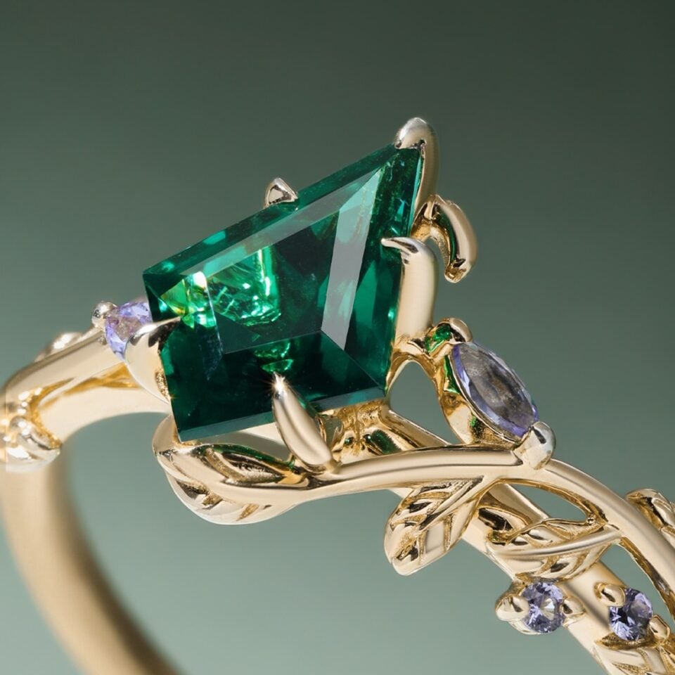 LeafLace Kite Cut Emerald Engagement Ring with Tanzanite Accents (2)