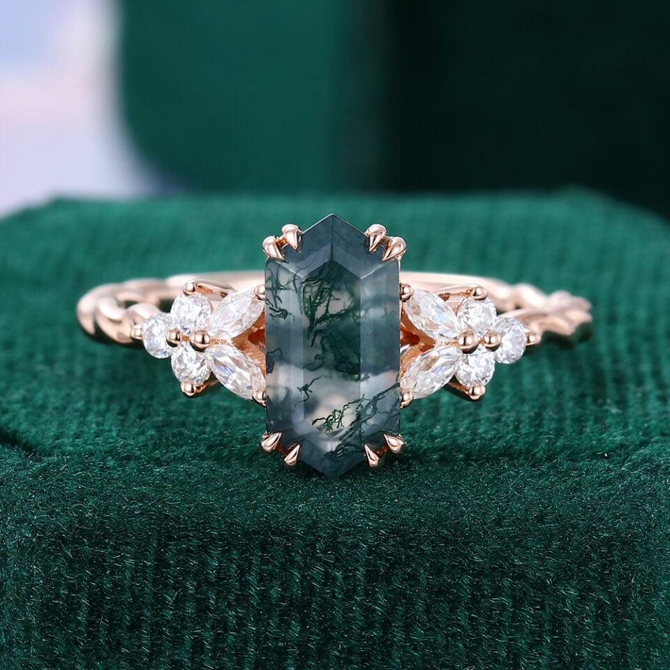 Blossom Cluster | Long Hexagon Cut Moss Agate Engagement Ring With Twisted Band – Dainty Petals