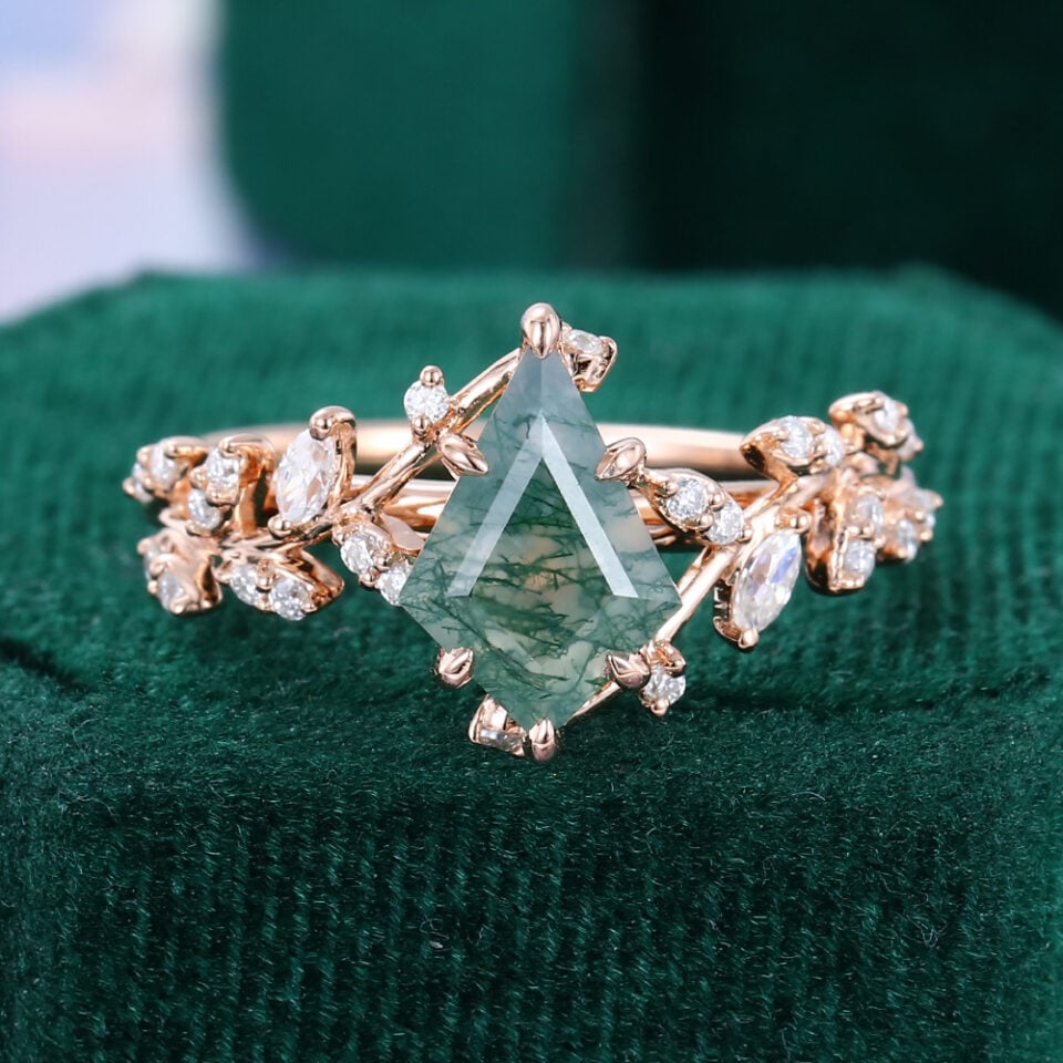 Nature Inspired Kite Cut Moss Agate Rose Gold Leaf Band Engagement Ring (1)