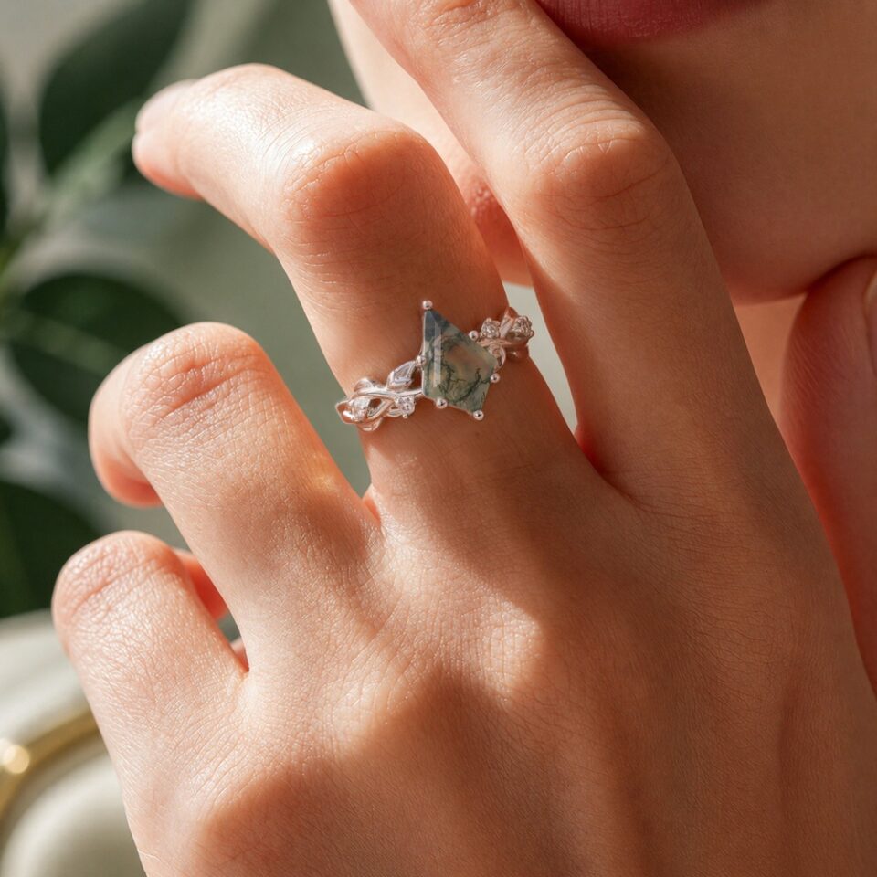 Navette Flow Kite Cut Moss Agate Leaf Engagement Ring (1)