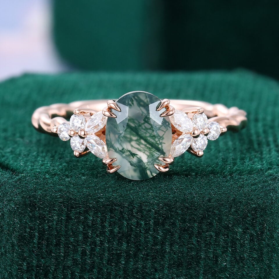 Blossom Cluster | Oval Cut Moss Agate Twisted Band Engagement Ring – Dainty Petals