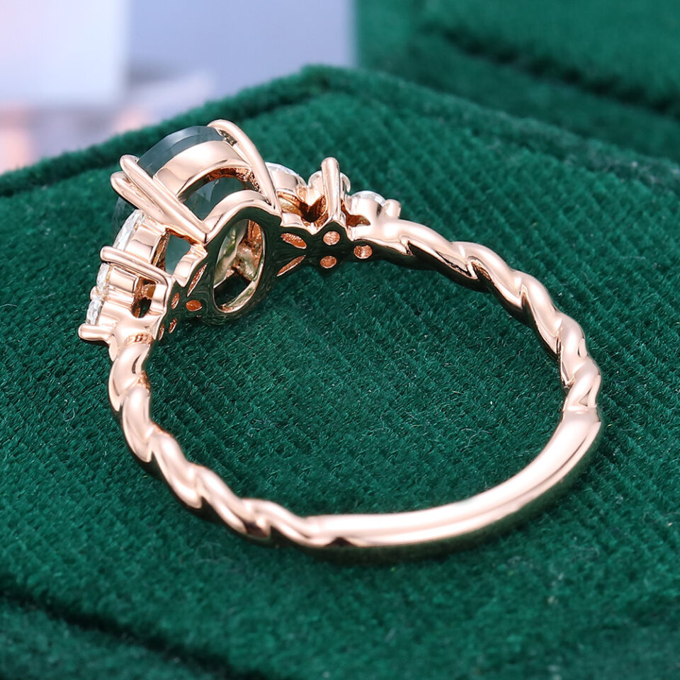 Oval Cut Moss Agate Engagement Ring Twisted Band Double Claw Bridal Ring (2)