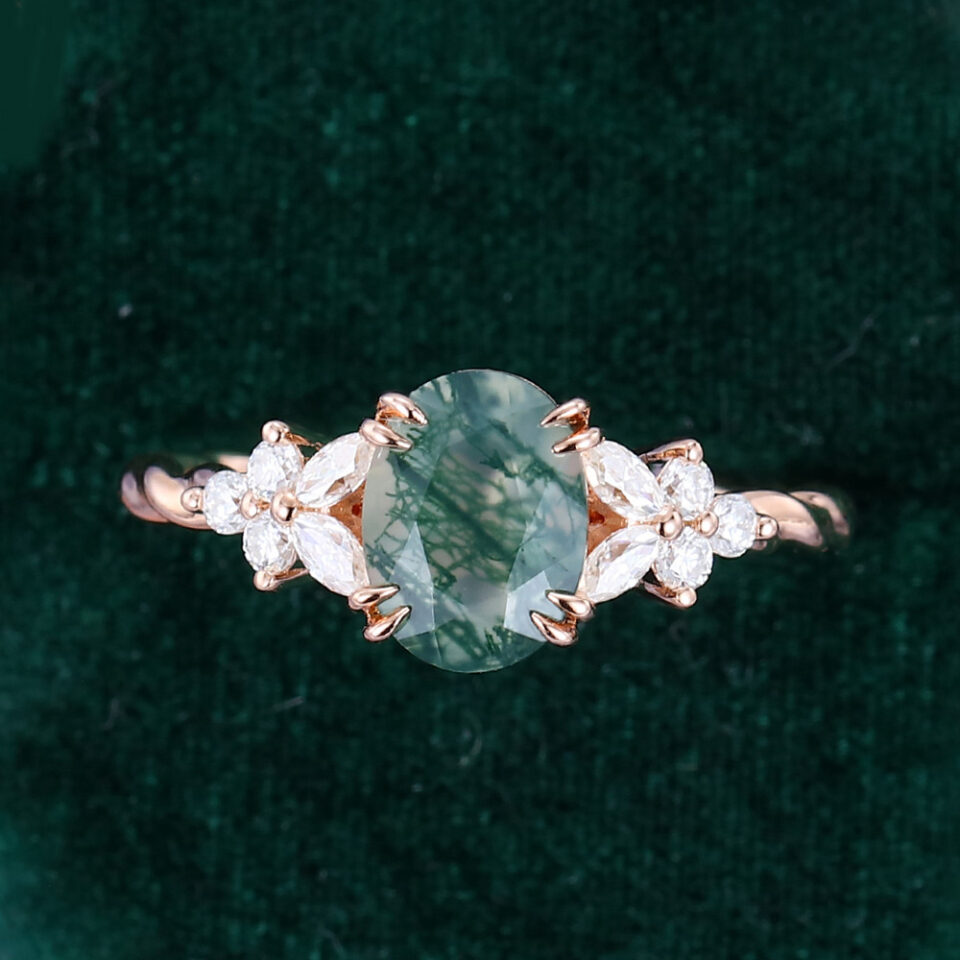 Oval Cut Moss Agate Engagement Ring Twisted Band Double Claw Bridal Ring (4)