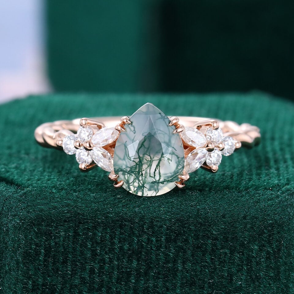 Blossom Cluster | Pear Cut Moss Agate Engagement Ring With Unique Twisted Band – Dainty Petals