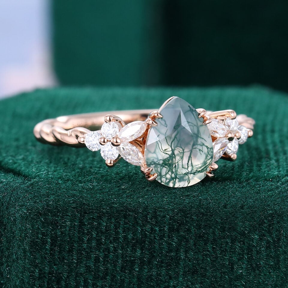 Pear Cut Moss Agate Engagement Ring Twisted Band Moissanite Cluster Bridal Ring (2)