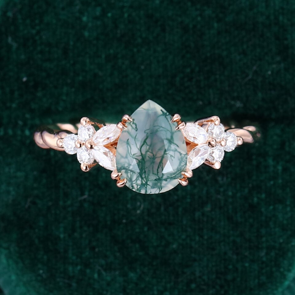 Pear Cut Moss Agate Engagement Ring Twisted Band Moissanite Cluster Bridal Ring (3)