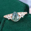 Pear Cut Moss Agate Engagement Ring Twisted Band Moissanite Cluster Bridal Ring (4)