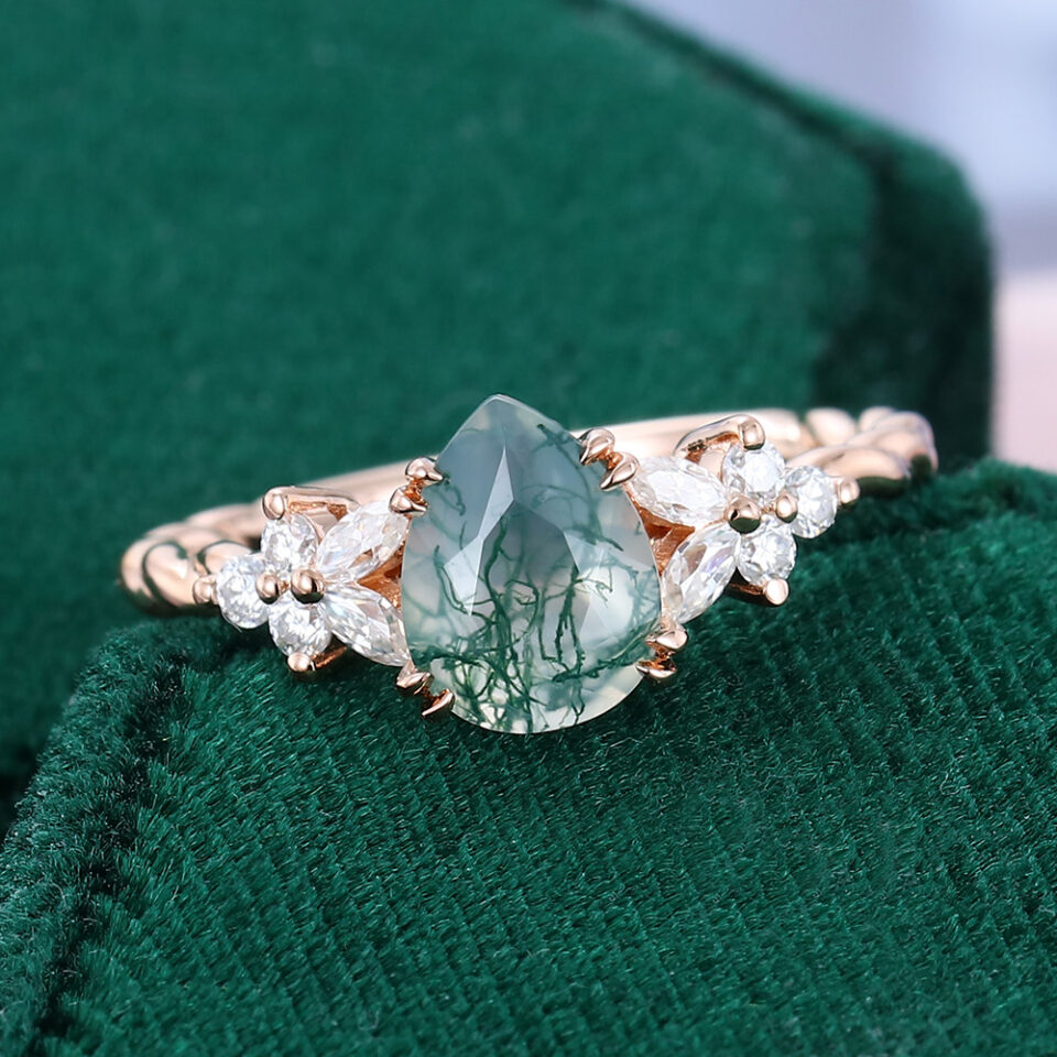 Pear Cut Moss Agate Engagement Ring Twisted Band Moissanite Cluster Bridal Ring (4)
