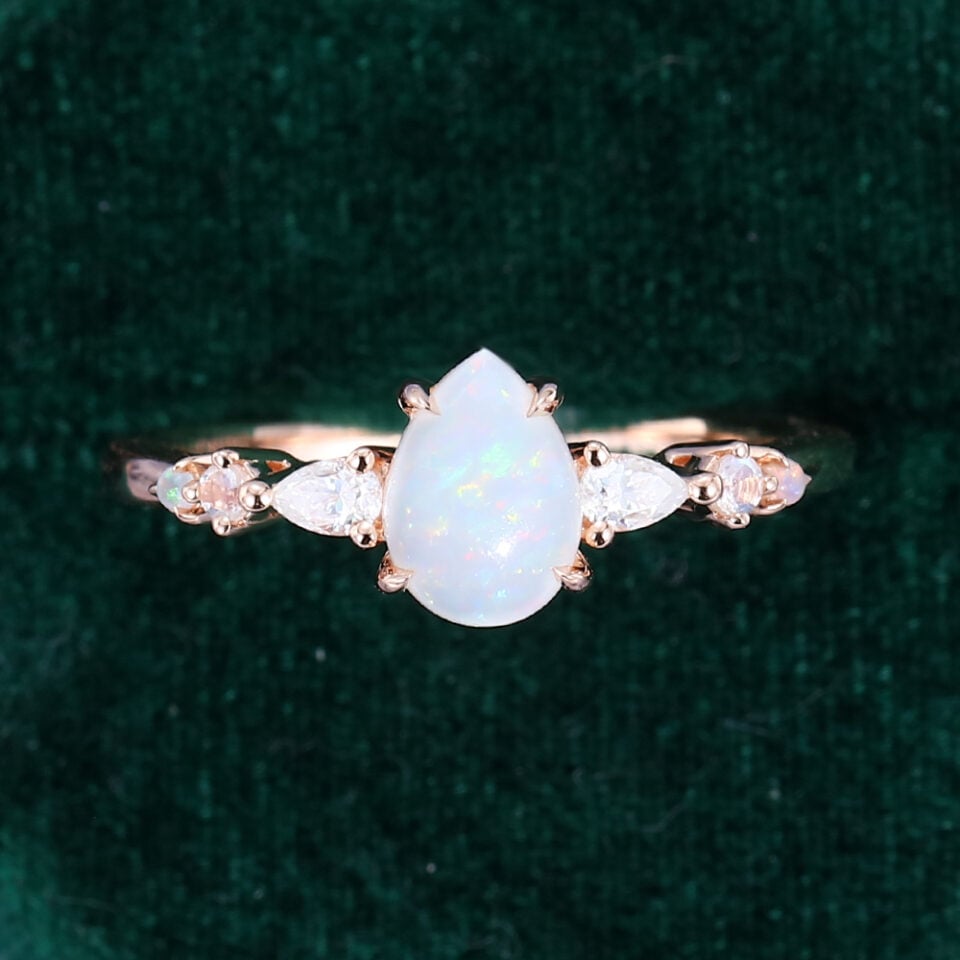 Pear Opal Trio Side Stones Engagement Ring Dainty Promise Ring (4)