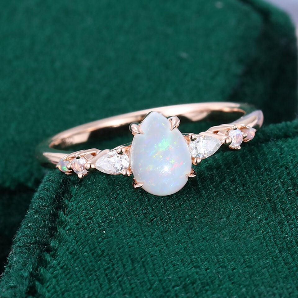 Pear Opal Trio Side Stones Engagement Ring Dainty Promise Ring (5)