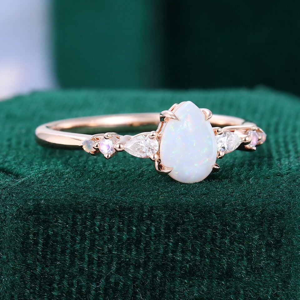 Pear Opal Trio Side Stones Engagement Ring Dainty Promise Ring (6)