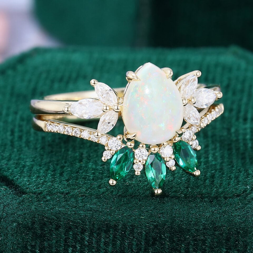 Pear Shaped Opal & Moissanite & Emerald Wedding Set Cluster Bridal Ring Set (2)