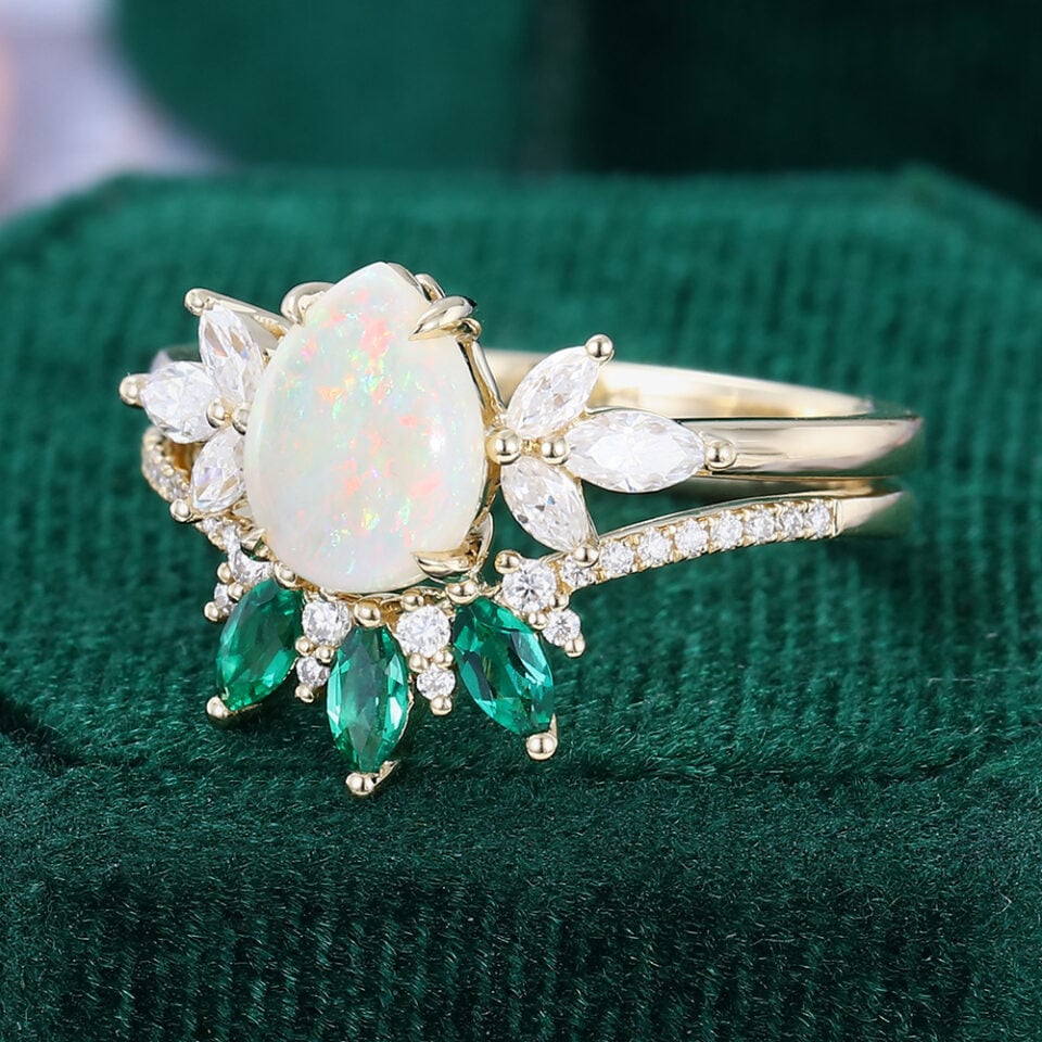 Pear Shaped Opal & Moissanite & Emerald Wedding Set Cluster Bridal Ring Set (3)
