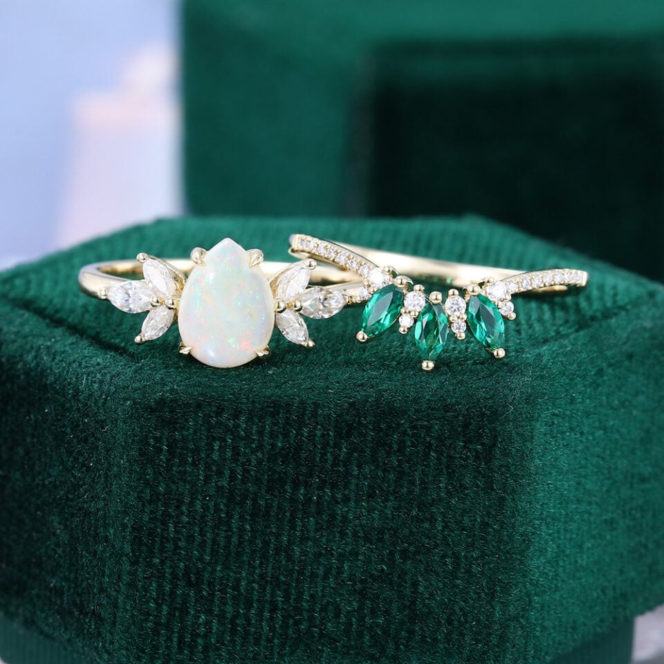 Pear Shaped Opal & Moissanite & Emerald Wedding Set Cluster Bridal Ring Set (5)