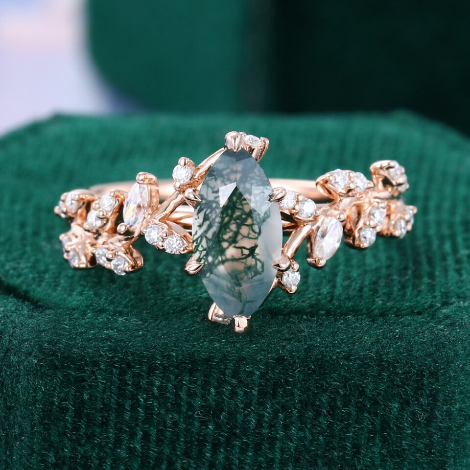 TwigGlow | Marquise Cut Moss Agate Nature Themed Engagement Ring